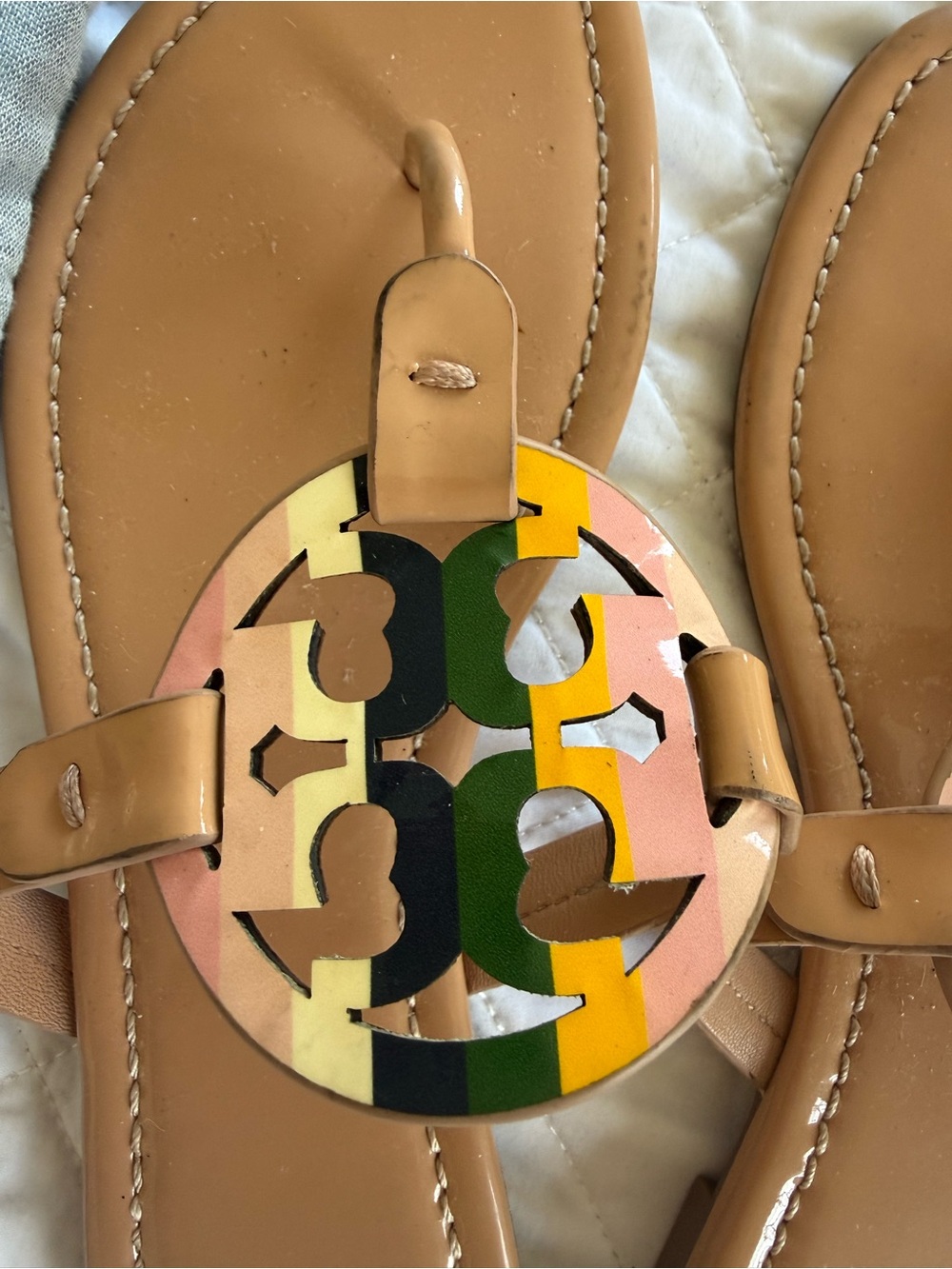Faux Tory Burch Tan Leather Miller Sandals with Multicolor Logo Medallions - Picture 2 of 4